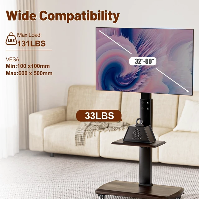 Alt view image 7 of 7 - OUKMIC Rolling TV Stand with Power Outlet for 32 to 80 inch TVs, Brown | Up to 131lbs, Height Adjustable, Spacious Shelf, for Living Room, Bedroom, Office, Moveable TV Cart on Wheels