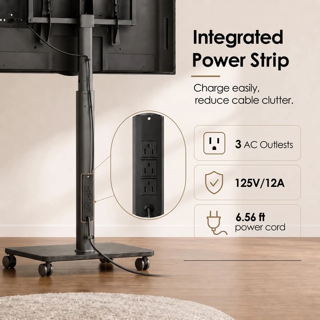 Alt view image 4 of 7 - FITUEYES Rolling TV Stand with Power Outlets for 32-75 Inch TVs, Black | Swivel Portable TV Stand with Height Adjustable & Wood Base, Mobile TV Cart with Shelf for Bedroom Living Room Small Dorm
