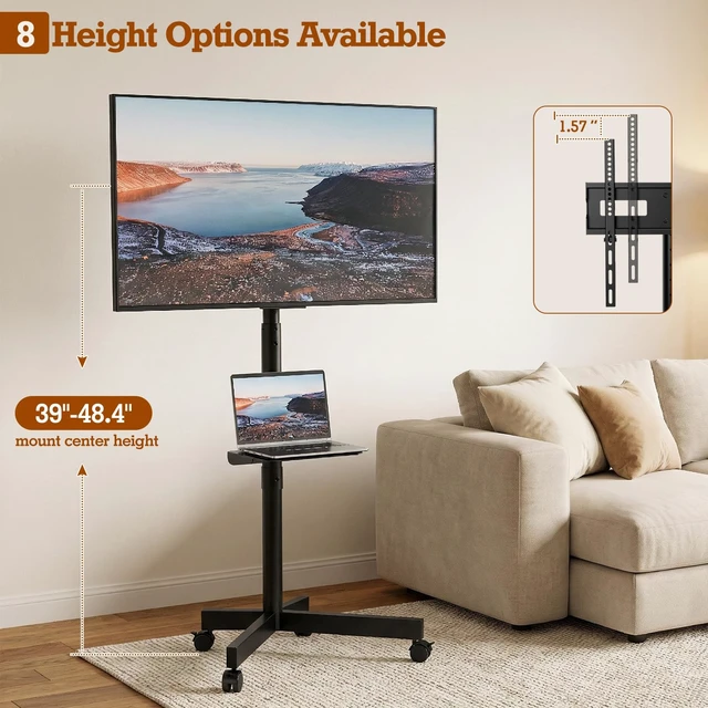 Alt view image 2 of 7 - SIMINGTEC Rolling TV Stand with Wheels for 23-60 Inch Flat Curved TVs | Height Adjustable Mobile TV Cart with Tilt Mount and Shelf, Outdoor TV Stand Holds up to 88 lbs, Max VESA 400x400mm