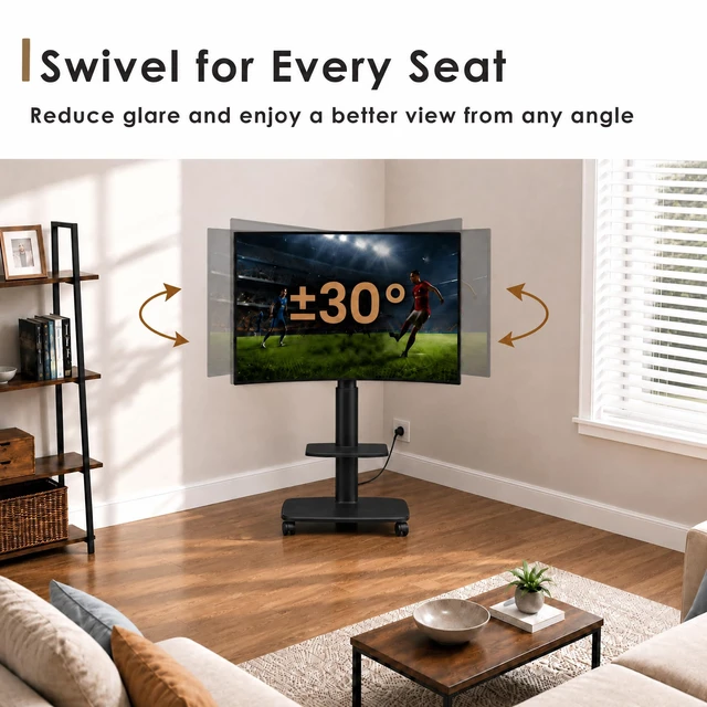 Alt view image 3 of 7 - FITUEYES Rolling TV Stand with Power Outlets for 32-75 Inch TVs, Black | Swivel Portable TV Stand with Height Adjustable & Wood Base, Mobile TV Cart with Shelf for Bedroom Living Room Small Dorm