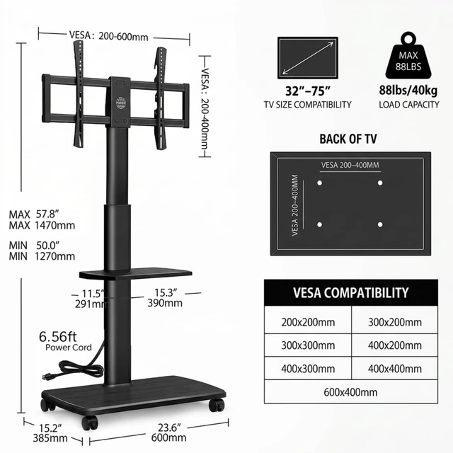 Alt view image 6 of 7 - FITUEYES Rolling TV Stand with Power Outlets for 32-75 Inch TVs, Black | Swivel Portable TV Stand with Height Adjustable & Wood Base, Mobile TV Cart with Shelf for Bedroom Living Room Small Dorm