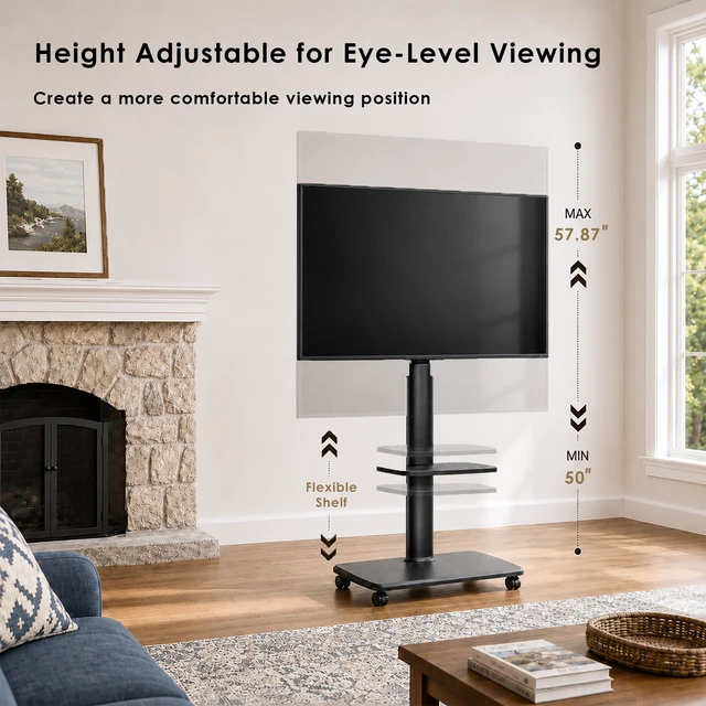 Alt view image 2 of 7 - FITUEYES Rolling TV Stand with Power Outlets for 32-75 Inch TVs, Black | Swivel Portable TV Stand with Height Adjustable & Wood Base, Mobile TV Cart with Shelf for Bedroom Living Room Small Dorm