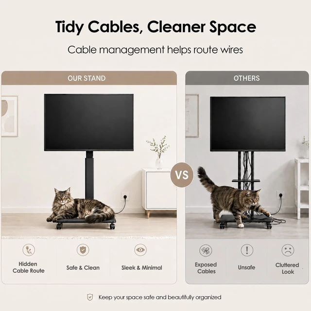 Alt view image 7 of 7 - FITUEYES Rolling TV Stand with Power Outlets for 32-75 Inch TVs, Black | Swivel Portable TV Stand with Height Adjustable & Wood Base, Mobile TV Cart with Shelf for Bedroom Living Room Small Dorm