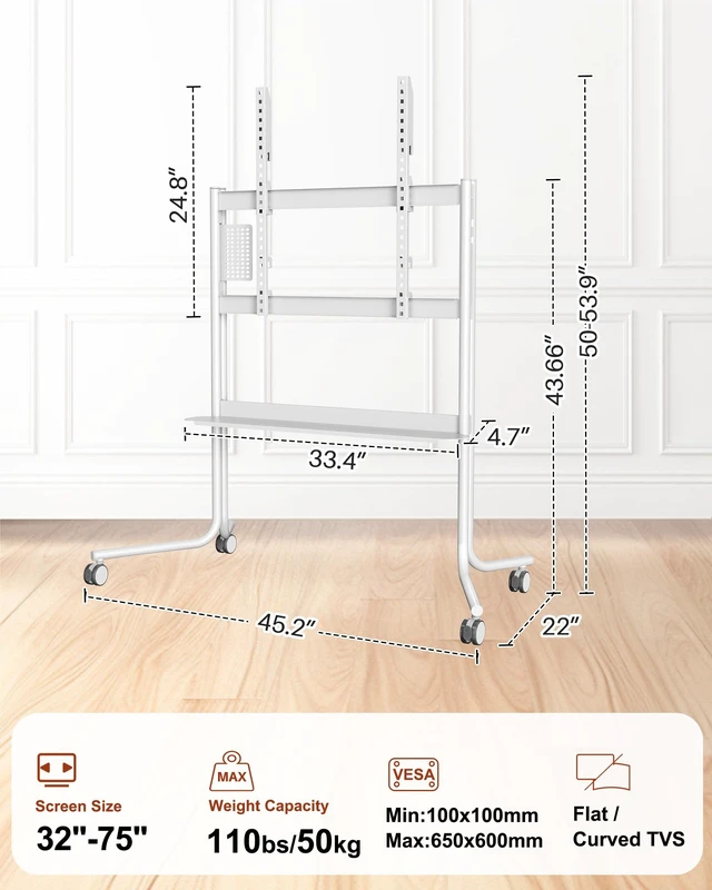 Alt view image 7 of 7 - Mobile TV Cart Easel Rolling TV Stand with Soundbar Shelf for 32 to 75 Inch Screens, Modern Floor TV Mount with 360° Wheels, Portable Floor TVs Stand Hold Up to 110 Lbs Max VESA 600x600 (White)