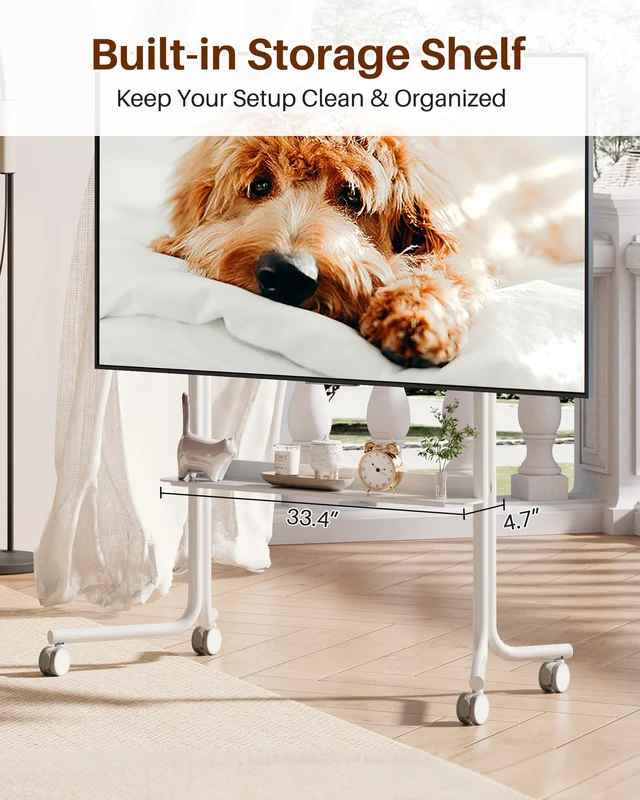 Alt view image 4 of 7 - Mobile TV Cart Easel Rolling TV Stand with Soundbar Shelf for 32 to 75 Inch Screens, Modern Floor TV Mount with 360° Wheels, Portable Floor TVs Stand Hold Up to 110 Lbs Max VESA 600x600 (White)