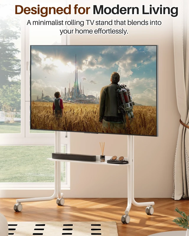 Alt view image 2 of 7 - Mobile TV Cart Easel Rolling TV Stand with Soundbar Shelf for 32 to 75 Inch Screens, Modern Floor TV Mount with 360° Wheels, Portable Floor TVs Stand Hold Up to 110 Lbs Max VESA 600x600 (White)