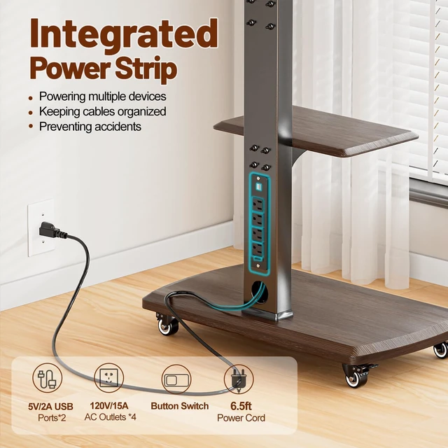 Alt view image 2 of 7 - OUKMIC Rolling TV Stand with Power Outlet for 32 to 80 inch TVs, Brown | Up to 131lbs, Height Adjustable, Spacious Shelf, for Living Room, Bedroom, Office, Moveable TV Cart on Wheels