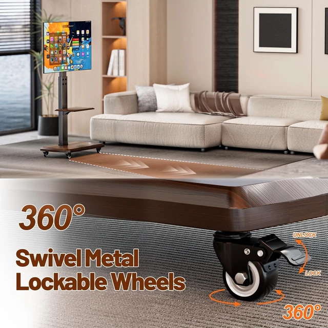 Alt view image 5 of 7 - OUKMIC Rolling TV Stand with Power Outlet for 32 to 80 inch TVs, Brown | Up to 131lbs, Height Adjustable, Spacious Shelf, for Living Room, Bedroom, Office, Moveable TV Cart on Wheels