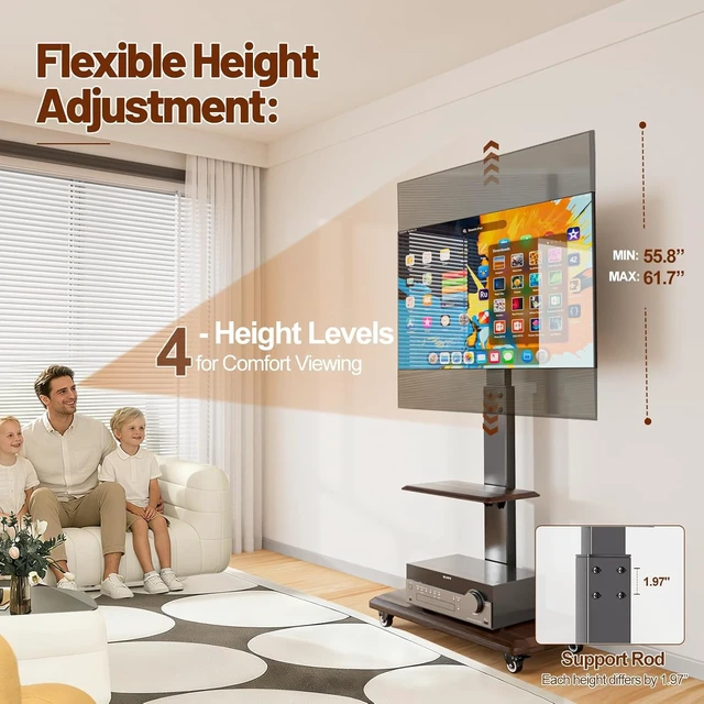 Alt view image 6 of 7 - OUKMIC Rolling TV Stand with Power Outlet for 32 to 80 inch TVs, Brown | Up to 131lbs, Height Adjustable, Spacious Shelf, for Living Room, Bedroom, Office, Moveable TV Cart on Wheels