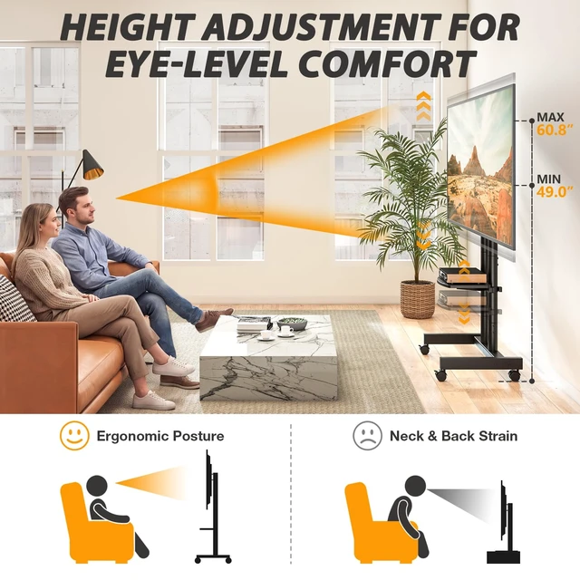 Alt view image 2 of 7 - Heavy Duty Rolling TV Stand for 27-80 inch TVs up to 99 lbs | Stable Mobile TV Cart with Height Adjustable Mount and Lockable Silent Wheels, Max VESA 400x400mm, Black