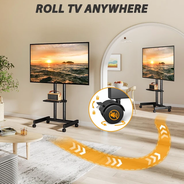Alt view image 3 of 7 - Heavy Duty Rolling TV Stand for 27-80 inch TVs up to 99 lbs | Stable Mobile TV Cart with Height Adjustable Mount and Lockable Silent Wheels, Max VESA 400x400mm, Black
