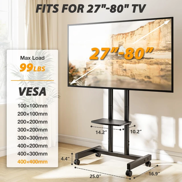Alt view image 7 of 7 - Heavy Duty Rolling TV Stand for 27-80 inch TVs up to 99 lbs | Stable Mobile TV Cart with Height Adjustable Mount and Lockable Silent Wheels, Max VESA 400x400mm, Black