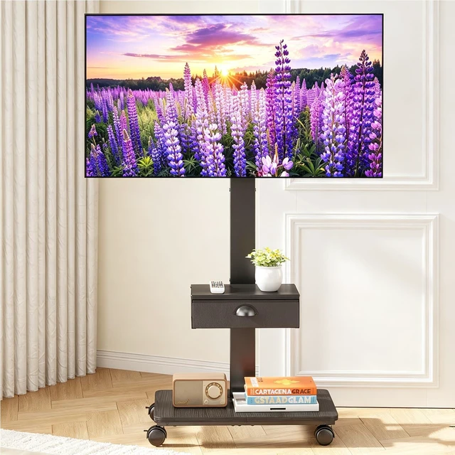 Main image of Rolling TV Stand With Drawer, TV Stand Cart On Wheels For 30-75 Inch TVs | Tall Portable Floor Stand TV Cart For Bedroom/Living Room,Tilt & Height Adjustable Corner TV Stands Holds Up To 180Lbs