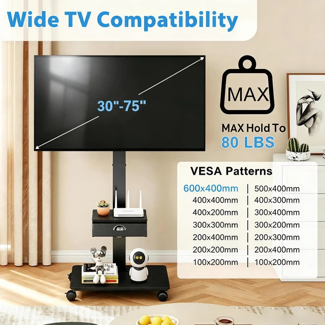 Alt view image 2 of 7 - Rolling TV Stand With Drawer, TV Stand Cart On Wheels For 30-75 Inch TVs | Tall Portable Floor Stand TV Cart For Bedroom/Living Room,Tilt & Height Adjustable Corner TV Stands Holds Up To 180Lbs
