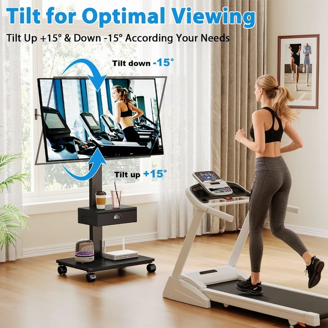 Alt view image 5 of 7 - Rolling TV Stand With Drawer, TV Stand Cart On Wheels For 30-75 Inch TVs | Tall Portable Floor Stand TV Cart For Bedroom/Living Room,Tilt & Height Adjustable Corner TV Stands Holds Up To 180Lbs