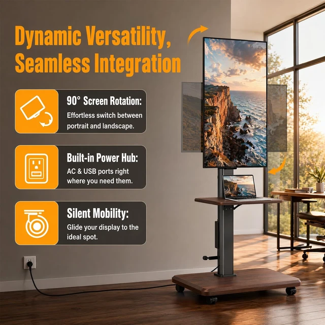 Alt view image 3 of 7 - Swivel Rolling TV Stand with Power Outlet for 26-75 inch TVs up to 110 lbs | Portable Mobile TV Stand with Hand Crank Infinitely Adjustable Height Rolling TV Cart with Wheels