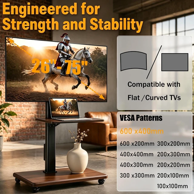 Alt view image 2 of 7 - Swivel Rolling TV Stand with Power Outlet for 26-75 inch TVs up to 110 lbs | Portable Mobile TV Stand with Hand Crank Infinitely Adjustable Height Rolling TV Cart with Wheels