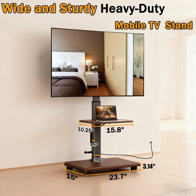 Alt view image 6 of 7 - Swivel Rolling TV Stand with Power Outlet for 26-75 inch TVs up to 110 lbs | Portable Mobile TV Stand with Hand Crank Infinitely Adjustable Height Rolling TV Cart with Wheels