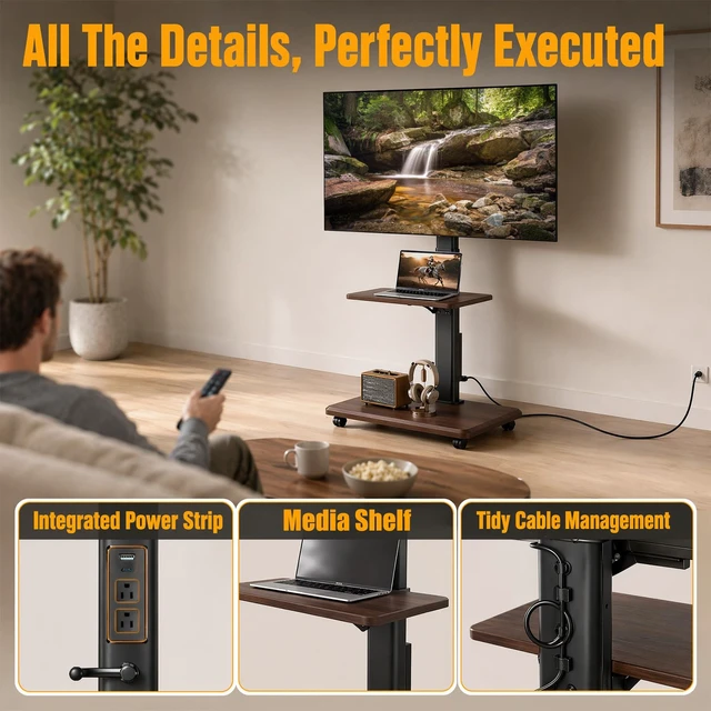 Alt view image 4 of 7 - Swivel Rolling TV Stand with Power Outlet for 26-75 inch TVs up to 110 lbs | Portable Mobile TV Stand with Hand Crank Infinitely Adjustable Height Rolling TV Cart with Wheels