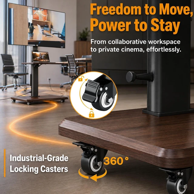 Alt view image 5 of 7 - Swivel Rolling TV Stand with Power Outlet for 26-75 inch TVs up to 110 lbs | Portable Mobile TV Stand with Hand Crank Infinitely Adjustable Height Rolling TV Cart with Wheels