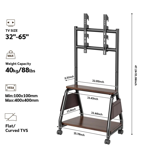 Alt view image 2 of 7 - Mobile TV Stand on Wheels for 32-65 Inch TVs Heavy-Duty Rolling TV Cart | With Storage Bags,Up to 88 lbs, 360° Swivel & Lockable Caster Wheels, 2-Tier Storage Shelf,Max VESA 500x400mm