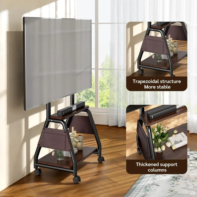 Alt view image 4 of 7 - Mobile TV Stand on Wheels for 32-65 Inch TVs Heavy-Duty Rolling TV Cart | With Storage Bags,Up to 88 lbs, 360° Swivel & Lockable Caster Wheels, 2-Tier Storage Shelf,Max VESA 500x400mm