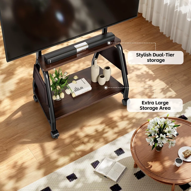 Alt view image 5 of 7 - Mobile TV Stand on Wheels for 32-65 Inch TVs Heavy-Duty Rolling TV Cart | With Storage Bags,Up to 88 lbs, 360° Swivel & Lockable Caster Wheels, 2-Tier Storage Shelf,Max VESA 500x400mm