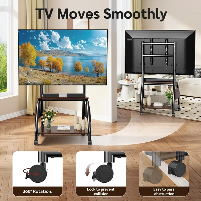 Alt view image 3 of 7 - Mobile TV Stand on Wheels for 32-65 Inch TVs Heavy-Duty Rolling TV Cart | With Storage Bags,Up to 88 lbs, 360° Swivel & Lockable Caster Wheels, 2-Tier Storage Shelf,Max VESA 500x400mm