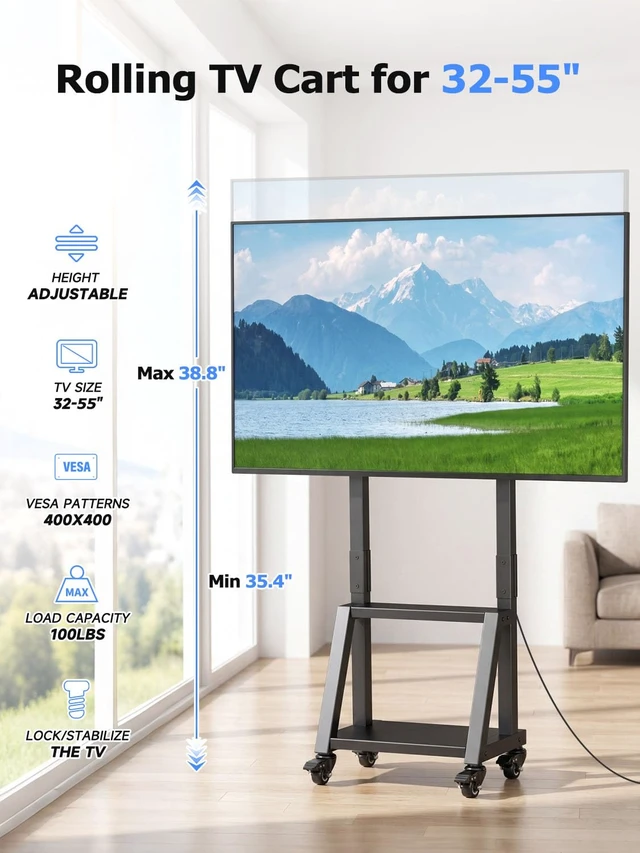 Alt view image 7 of 7 - Suptek Mobile TV Stand Height Adjustable with Shelf for 32-55 inch TV | Rolling TV Stand on Wheels for Flat/Curved Screen Up to 99lbs, TV Cart for Bedroom, Portable TV Stand, Max VESA 400x400mm
