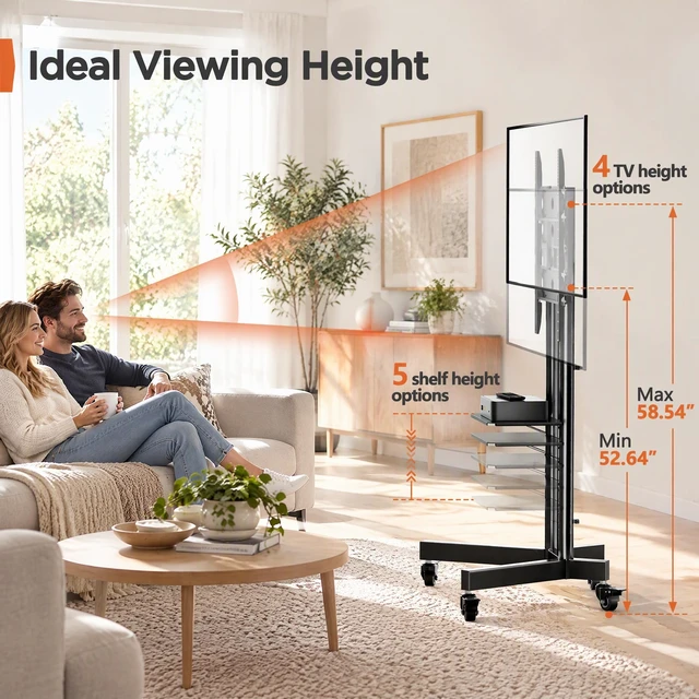 Alt view image 3 of 7 - Perlegear Rolling TV Stand for 32-85 Inch Screens up to 154 lbs | Height Adjustable Portable Mobile TV Stand with Metal Shelf, Outdoor TV Cart with Lockable Wheels, Max VESA 600x400mm