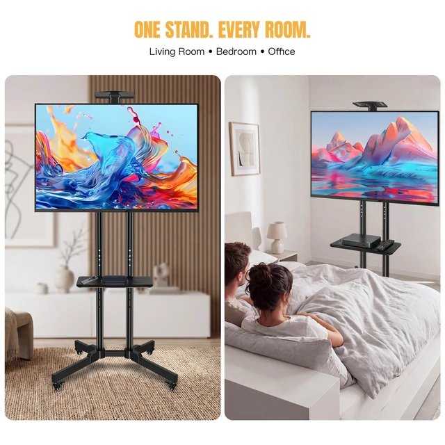 Alt view image 2 of 7 - Euisiant Mobile TV Stand for 32-75" TVs, Rolling Cart with Wheels | VESA 600x400mm, Height 1300-1480mm, ±15° Tilt, Holds 110 lbs, Media Shelf, Locking Wheels, Easy Assembly
