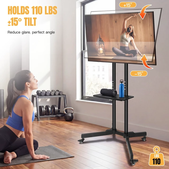 Alt view image 3 of 7 - Euisiant Mobile TV Stand for 32-75" TVs, Rolling Cart with Wheels | VESA 600x400mm, Height 1300-1480mm, ±15° Tilt, Holds 110 lbs, Media Shelf, Locking Wheels, Easy Assembly