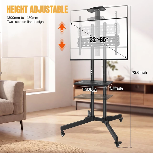 Alt view image 4 of 7 - Euisiant Mobile TV Stand for 32-75" TVs, Rolling Cart with Wheels | VESA 600x400mm, Height 1300-1480mm, ±15° Tilt, Holds 110 lbs, Media Shelf, Locking Wheels, Easy Assembly