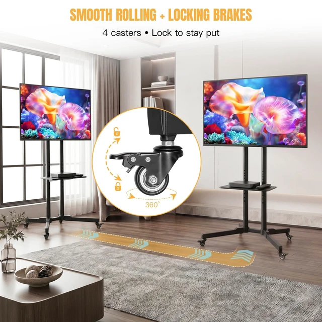 Alt view image 5 of 7 - Euisiant Mobile TV Stand for 32-75" TVs, Rolling Cart with Wheels | VESA 600x400mm, Height 1300-1480mm, ±15° Tilt, Holds 110 lbs, Media Shelf, Locking Wheels, Easy Assembly