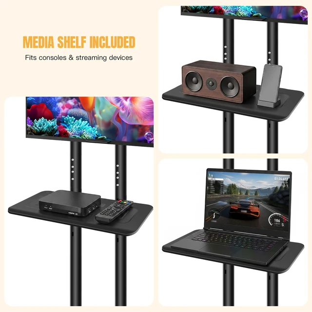 Alt view image 6 of 7 - Euisiant Mobile TV Stand for 32-75" TVs, Rolling Cart with Wheels | VESA 600x400mm, Height 1300-1480mm, ±15° Tilt, Holds 110 lbs, Media Shelf, Locking Wheels, Easy Assembly
