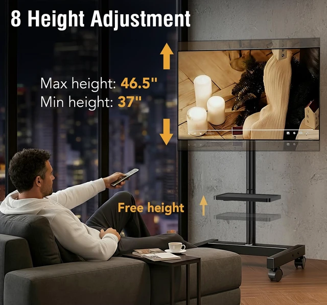Alt view image 4 of 7 - AX WABER Mobile TV Floor Stand for 19-50 inch LCD LED Flat/Curved Panel Screen TVs up to 55 lbs, Height Adjustable TV Stand Mount with Tilt VESA 200x200, Portable TV Stand with Shelf AX2007TBM