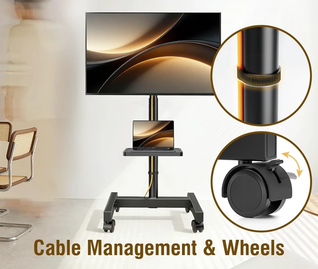 Alt view image 7 of 7 - AX WABER Mobile TV Floor Stand for 19-50 inch LCD LED Flat/Curved Panel Screen TVs up to 55 lbs, Height Adjustable TV Stand Mount with Tilt VESA 200x200, Portable TV Stand with Shelf AX2007TBM