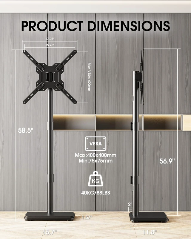 Alt view image 2 of 7 - Zontera Floor TV Stand, TV Cart for 13-65 Inch TVs & Monitors up to 88lbs | Wooden Base, Portable TV Stand, Tilt & Height Adjustable Corner TV Stand for Bedroom, Living Room, MAX VESA 400x400mm