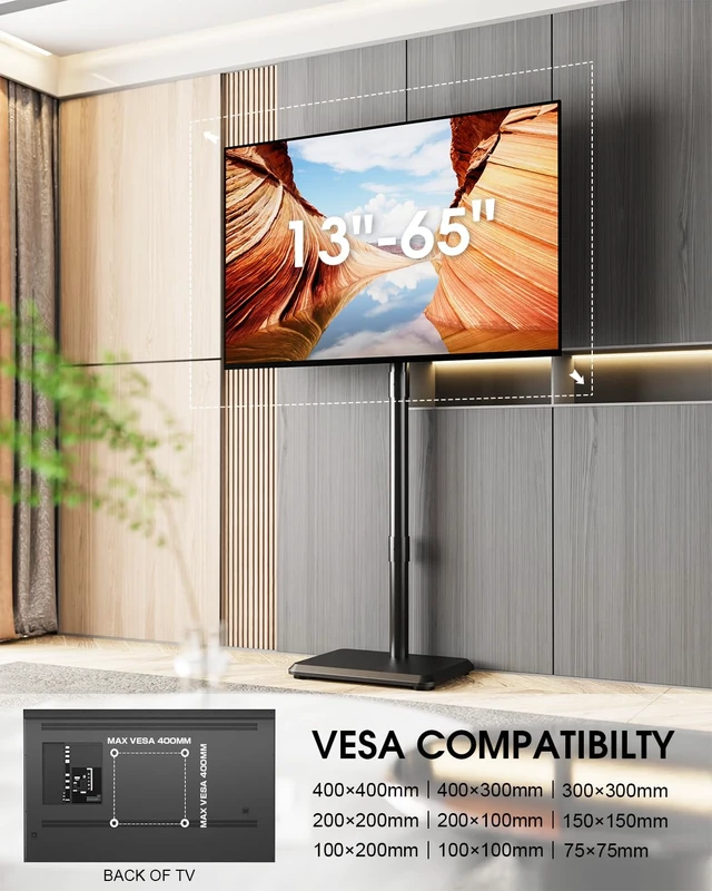 Alt view image 3 of 7 - Zontera Floor TV Stand, TV Cart for 13-65 Inch TVs & Monitors up to 88lbs | Wooden Base, Portable TV Stand, Tilt & Height Adjustable Corner TV Stand for Bedroom, Living Room, MAX VESA 400x400mm