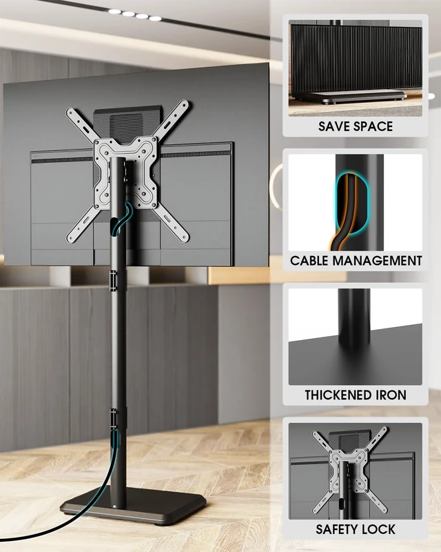 Alt view image 4 of 7 - Zontera Floor TV Stand, TV Cart for 13-65 Inch TVs & Monitors up to 88lbs | Wooden Base, Portable TV Stand, Tilt & Height Adjustable Corner TV Stand for Bedroom, Living Room, MAX VESA 400x400mm