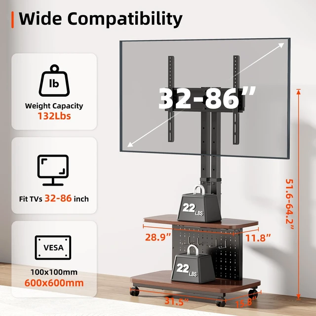 Alt view image 2 of 7 - BEISHI Mobile TV Cart on Wheels,Height Adjustable Rolling TV Stand for 32-85 inch TVs,with 5-Level Lift,35° Swivel,Portable Media Cart for Office,Outdoor
