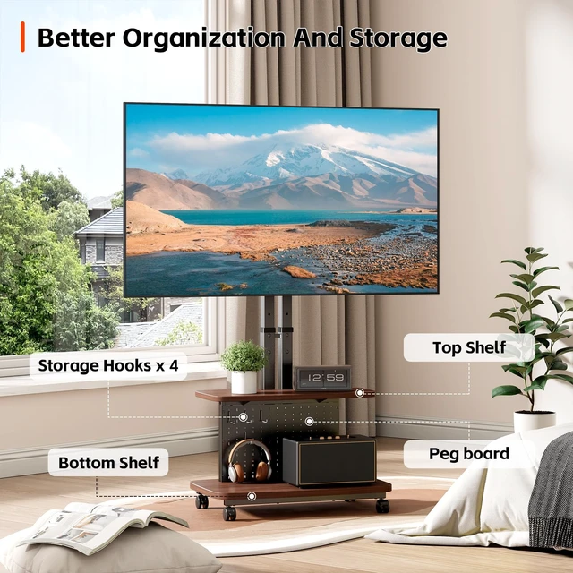 Alt view image 7 of 7 - BEISHI Mobile TV Cart on Wheels,Height Adjustable Rolling TV Stand for 32-85 inch TVs,with 5-Level Lift,35° Swivel,Portable Media Cart for Office,Outdoor