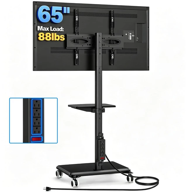 Main image of Rfiver Rolling TV Stand on Wheels for 32-65 Inch TVs with Power Outlet | Swivel Mobile TV Cart with Shelf, Height Adjustable, Hold up to 88 lbs, Max VESA 400x400mm, Ideal for Bedroom & Living Room