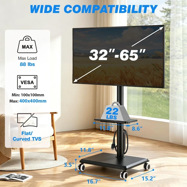 Alt view image 2 of 7 - Rfiver Rolling TV Stand on Wheels for 32-65 Inch TVs with Power Outlet | Swivel Mobile TV Cart with Shelf, Height Adjustable, Hold up to 88 lbs, Max VESA 400x400mm, Ideal for Bedroom & Living Room