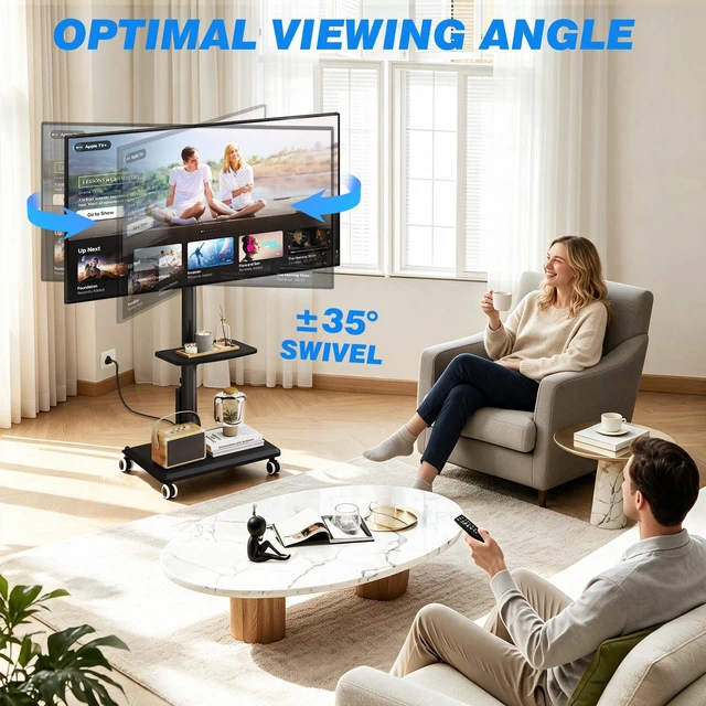 Alt view image 3 of 7 - Rfiver Rolling TV Stand on Wheels for 32-65 Inch TVs with Power Outlet | Swivel Mobile TV Cart with Shelf, Height Adjustable, Hold up to 88 lbs, Max VESA 400x400mm, Ideal for Bedroom & Living Room