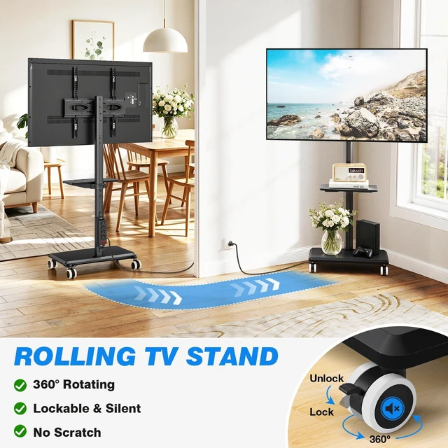 Alt view image 6 of 7 - Rfiver Rolling TV Stand on Wheels for 32-65 Inch TVs with Power Outlet | Swivel Mobile TV Cart with Shelf, Height Adjustable, Hold up to 88 lbs, Max VESA 400x400mm, Ideal for Bedroom & Living Room