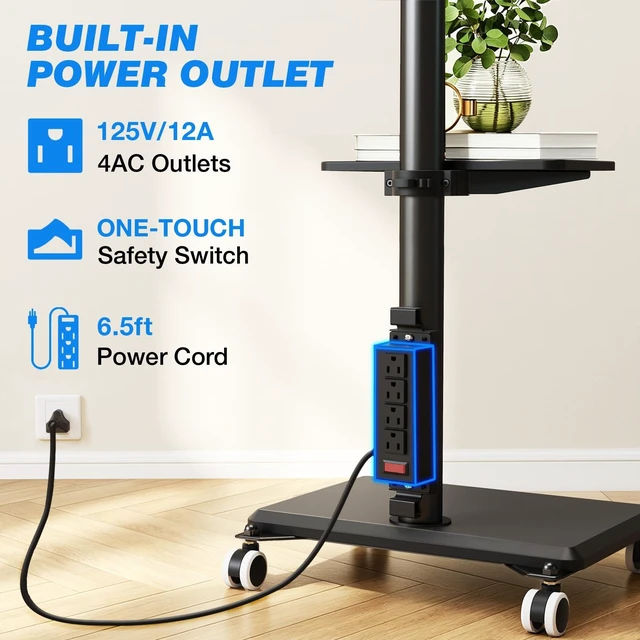 Alt view image 5 of 7 - Rfiver Rolling TV Stand on Wheels for 32-65 Inch TVs with Power Outlet | Swivel Mobile TV Cart with Shelf, Height Adjustable, Hold up to 88 lbs, Max VESA 400x400mm, Ideal for Bedroom & Living Room