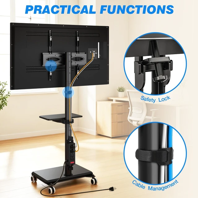 Alt view image 7 of 7 - Rfiver Rolling TV Stand on Wheels for 32-65 Inch TVs with Power Outlet | Swivel Mobile TV Cart with Shelf, Height Adjustable, Hold up to 88 lbs, Max VESA 400x400mm, Ideal for Bedroom & Living Room