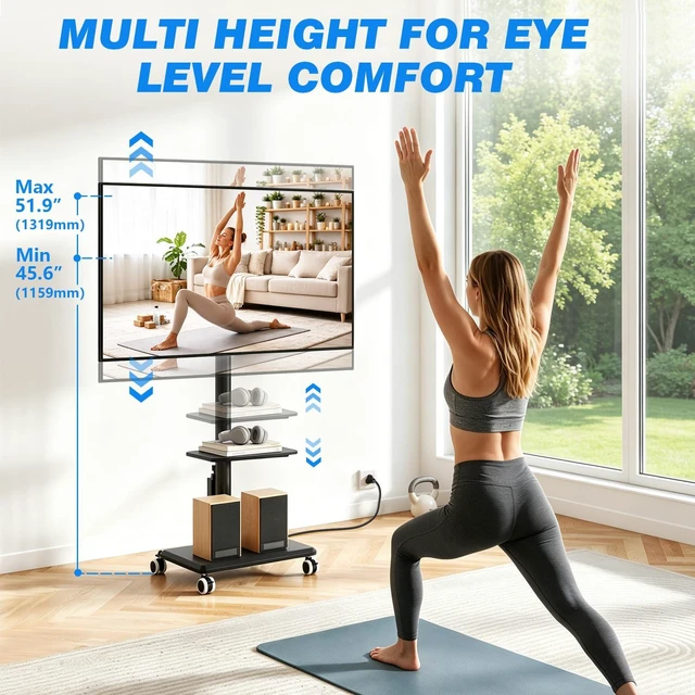 Alt view image 4 of 7 - Rfiver Rolling TV Stand on Wheels for 32-65 Inch TVs with Power Outlet | Swivel Mobile TV Cart with Shelf, Height Adjustable, Hold up to 88 lbs, Max VESA 400x400mm, Ideal for Bedroom & Living Room