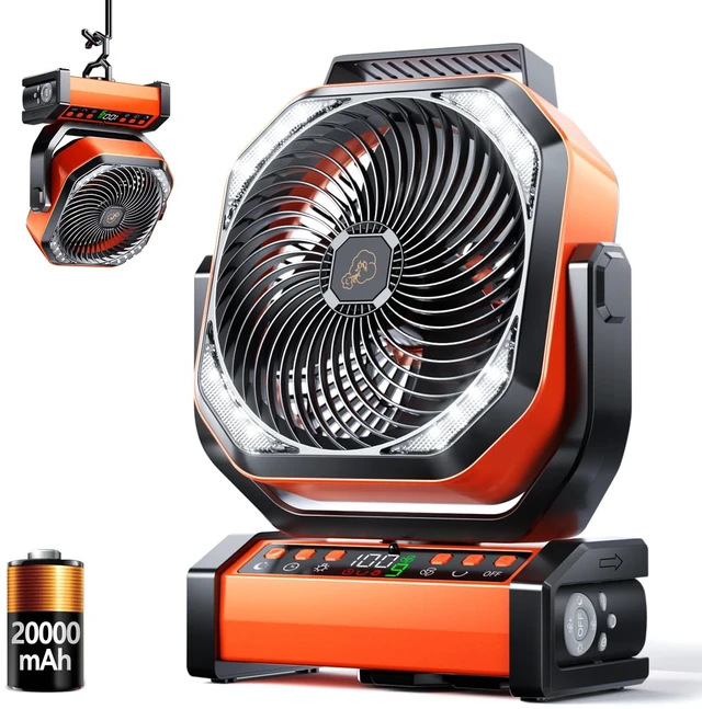 Main image of Camping LED Fan with Light, 20000mAh Rechargeable Battery Powered Outdoor Tent Fan with Light and Hook, 8 Speed, Personal USB Desk Fan for Camping, Fishing, Power Outage,Hurricane, Worksite